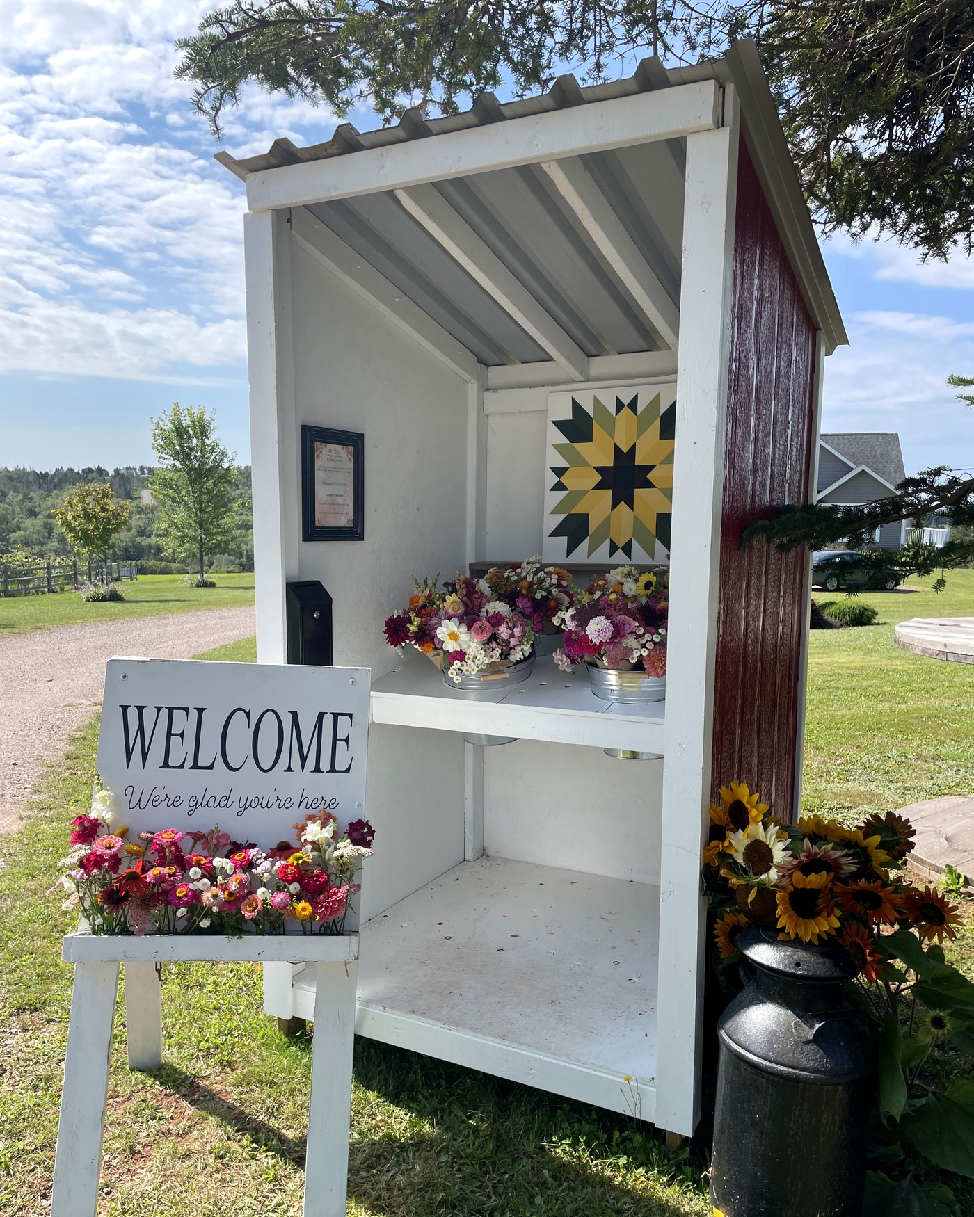 The white roadside flower stand at the end of the lane, buckets of bouquets on the shelf under a painted barn quilt, a welcome sign and a milk can of sunflowers beside it